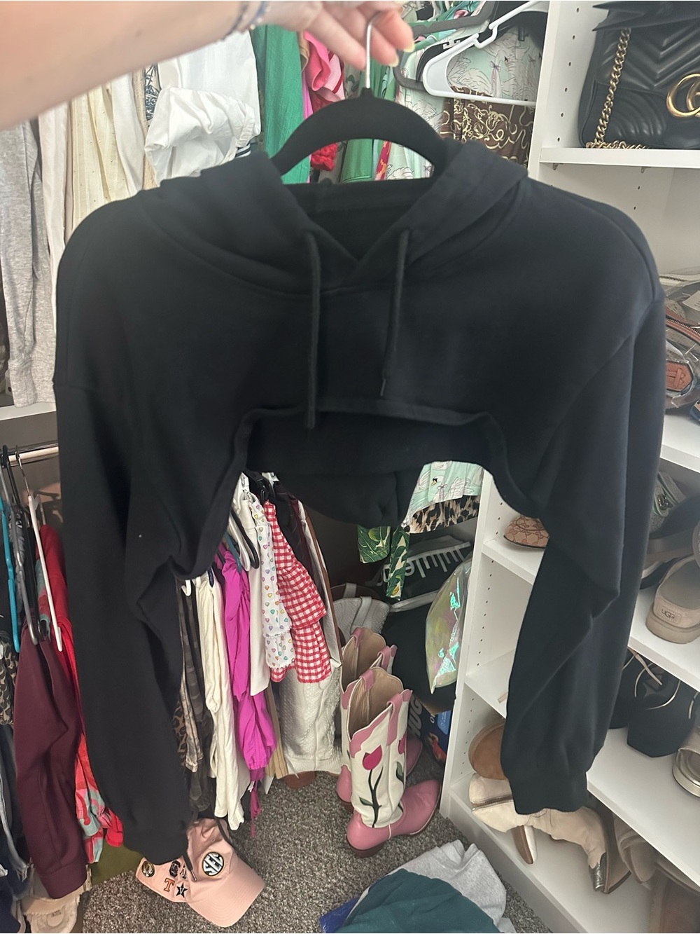 Black Cropped Hoodie with Drawstring - Women Tops